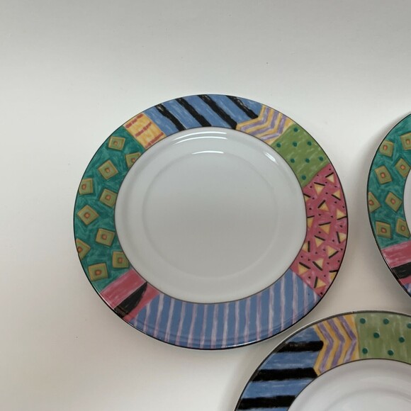 Farberware by Retroneu AKU 202 Saucer Plates White Multi-color Geometric Border - Picture 3 of 6